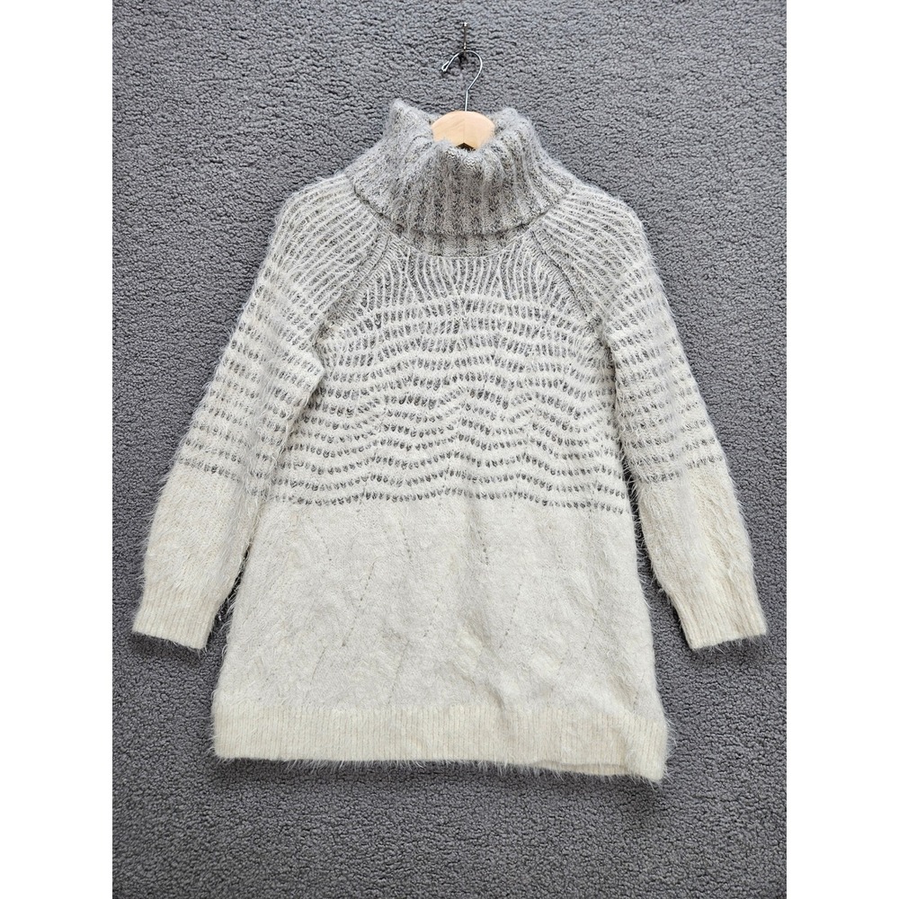 Anthropologie Sleeping on Snow Sweater L Cream Gray Eyelash Fuzzy Turtleneck